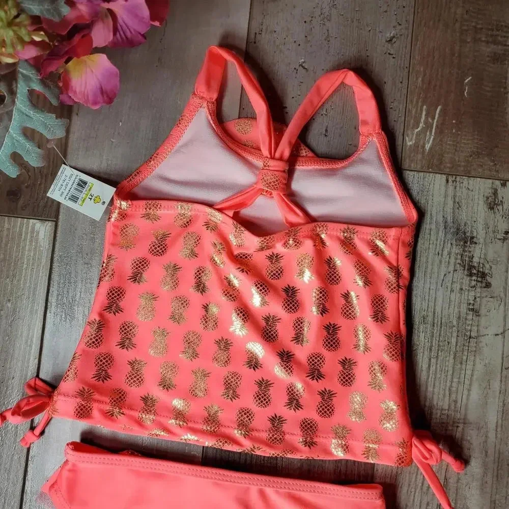 NWT Real Love Toddler Girls Metallic Gold and Coral Pineapple Bikini Set Size 2T